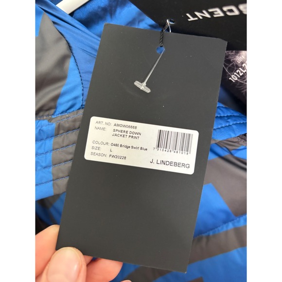 J.Lindeberg Sphere Down Jacket Print Blue Bridge Swirl Puffer Mens L - Picture 3 of 16